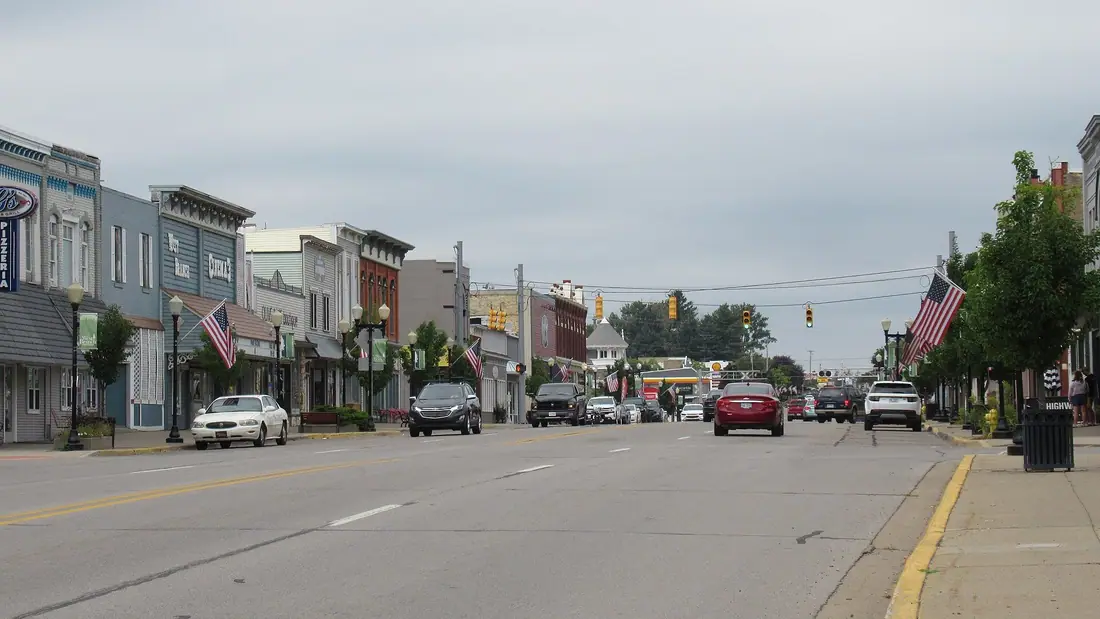 The Victorian downtown storefronts of West Branch, Michigan